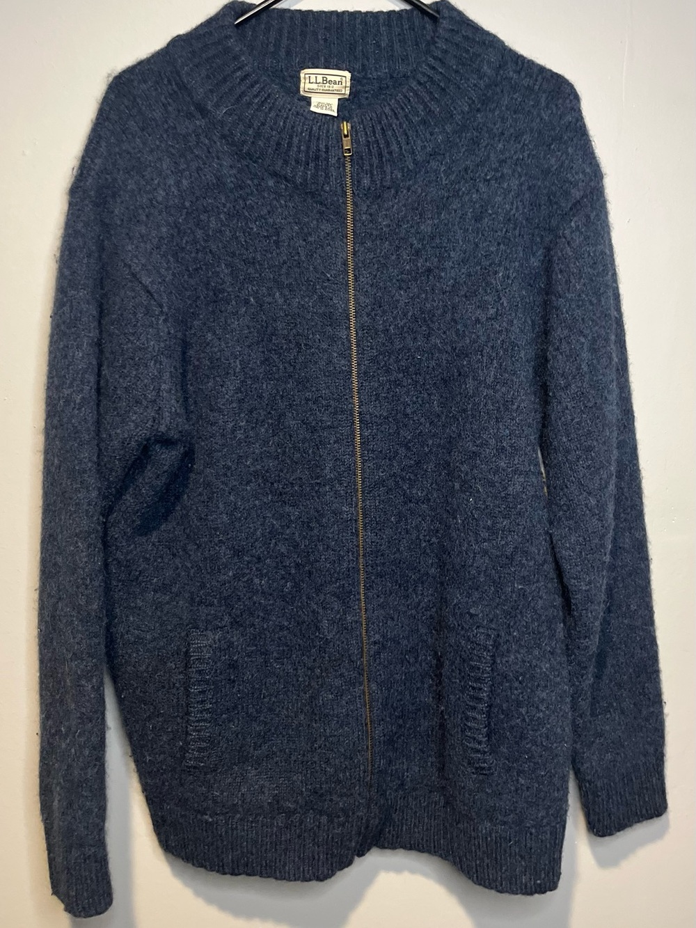 Vintage LL Bean Thick Shetland Wool Sweater Blue Mens XL Tall Chunky Pockets